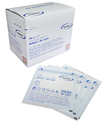 Kompresy jałowe  z gazy  10 cm x 10 cm 8 warstw 17 nitek  100 sztuk MK Maimed