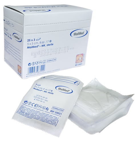 Kompresy jałowe  z gazy  5 cm x 5 cm 8 warstw 17 nitek  25 x 3 sztuki MK Maimed