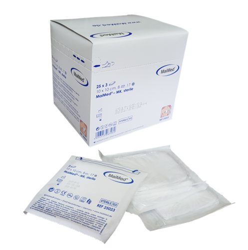 Kompresy jałowe  z gazy  10 cm x 10 cm 8 warstw 17 nitek  25 x 3 sztuki MK Maimed