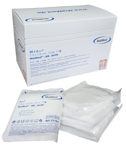 Kompresy jałowe  z gazy  7,5 cm x 7,5 cm 12 warstw 17 nitek  20 x 5 sztuk MK Maimed