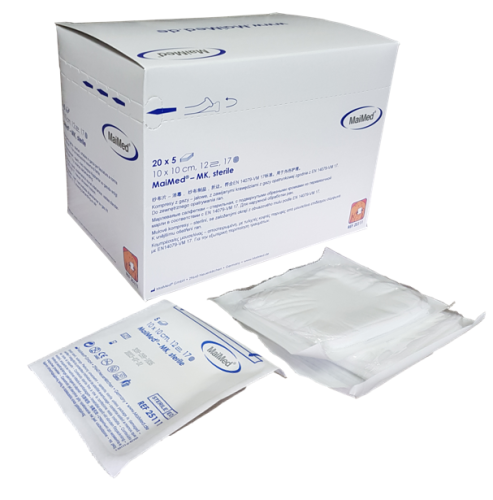 Kompresy jałowe  z gazy  10 cm x 10 cm 12 warstw 17 nitek  20 x 5 sztuk MK Maimed