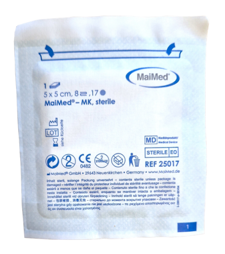 Kompres jałowy  z gazy  5 cm x 5 cm 8 warstw 17 nitek  1 sztuka MK Maimed