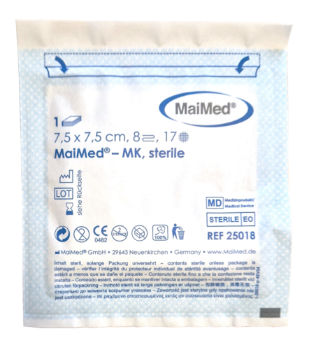 Kompres jałowy  z gazy  7,5 cm x 7,5 cm 8 warstw 17 nitek  1 sztuka MK Maimed