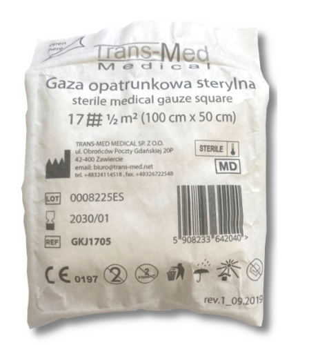 Gaza opatrunkowa sterylna  0,5 m2 17 nitek bawełna Trans-Med Medical 1 sztuka