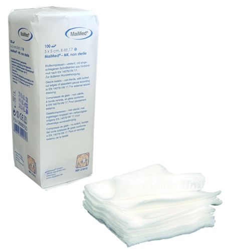 Kompresy z gazy niejałowe  8 warstw 17 nitek  5cm x 5 cm 100 sztuk MK Maimed