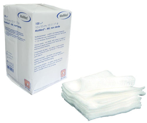 Kompresy z gazy niejałowe  12 warstw 17 nitek  10 cm x 10 cm 100 sztuk MK Maimed