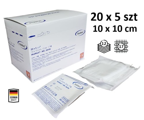 Kompresy jałowe z gazy 10 cm x 10 cm 12 warstw 17 nitek 20 x 5 sztuk MK Maimed