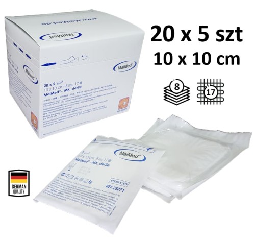 Kompresy jałowe z gazy 10 cm x 10 cm 8 warstw 17 nitek 20 x 5 sztuk MK Maimed