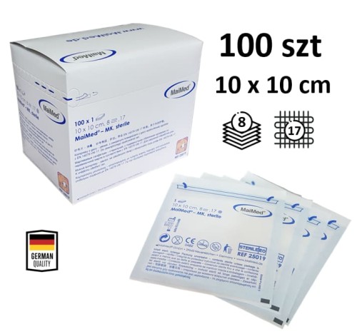 Kompresy jałowe z gazy 10 cm x 10 cm 8 warstw 17 nitek 100 sztuk MK Maimed