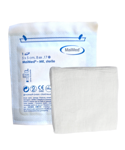 Kompres jałowy  z gazy  5 cm x 5 cm 8 warstw 17 nitek  1 sztuka MK Maimed