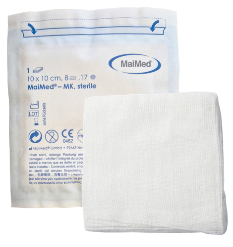 Kompres jałowy  z gazy  10 cm x 10 cm 8 warstw 17 nitek  1 sztuka MK Maimed