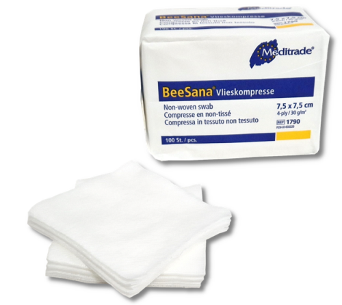 Kompresy włókninowe niejałowe niemieckie 7,5x7,5 cm  4 warstwy 100 sztuk BSV Meditrade